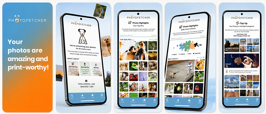 Photofetcher mobile app screens showing AI-powered photo discovery and highlights