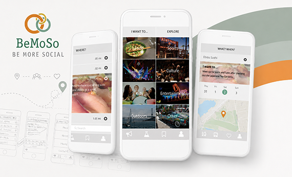 BeMoSo social activity app screens and early activity flow sketches