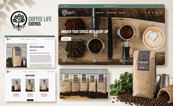 Coffee Life Exotics brand, packaging, and Shopify storefront design